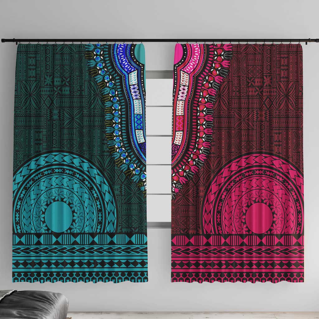 Teal-pink Dashiki and Tapa Pattern Window Curtain Africa-Polynesia Together Culture