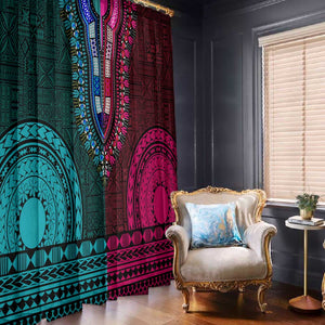 Teal-pink Dashiki and Tapa Pattern Window Curtain Africa-Polynesia Together Culture