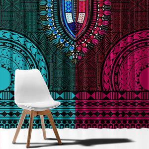 Teal-pink Dashiki and Tapa Pattern Window Curtain Africa-Polynesia Together Culture