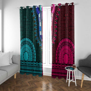 Teal-pink Dashiki and Tapa Pattern Window Curtain Africa-Polynesia Together Culture