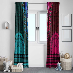 Teal-pink Dashiki and Tapa Pattern Window Curtain Africa-Polynesia Together Culture