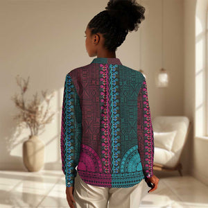 Teal-pink Dashiki and Tapa Pattern Women Casual Shirt Africa-Polynesia Together Culture