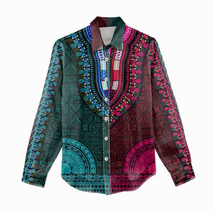 Teal-pink Dashiki and Tapa Pattern Women Casual Shirt Africa-Polynesia Together Culture