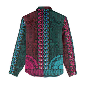 Teal-pink Dashiki and Tapa Pattern Women Casual Shirt Africa-Polynesia Together Culture