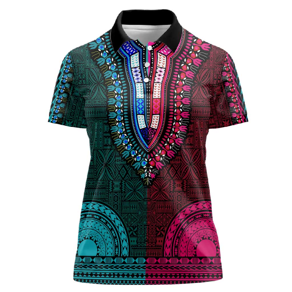 Teal-pink Dashiki and Tapa Pattern Women Polo Shirt Africa-Polynesia Together Culture