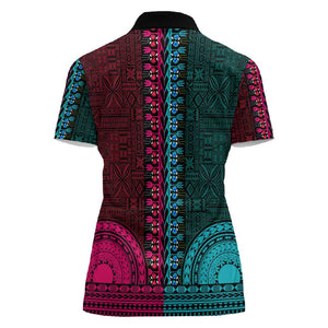 Teal-pink Dashiki and Tapa Pattern Women Polo Shirt Africa-Polynesia Together Culture