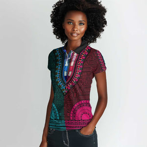 Teal-pink Dashiki and Tapa Pattern Women Polo Shirt Africa-Polynesia Together Culture