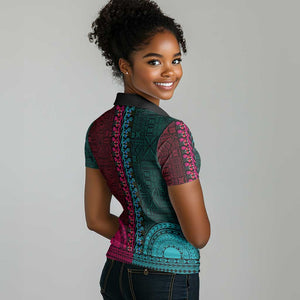 Teal-pink Dashiki and Tapa Pattern Women Polo Shirt Africa-Polynesia Together Culture