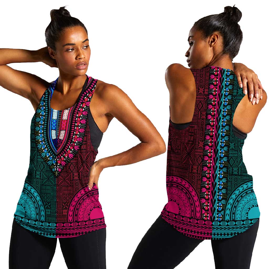 Teal-pink Dashiki and Tapa Pattern Women Racerback Tank Africa-Polynesia Together Culture