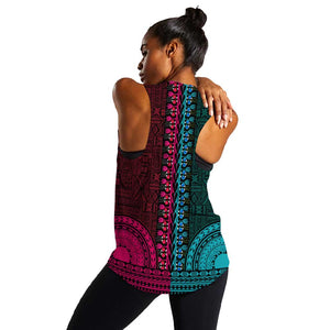 Teal-pink Dashiki and Tapa Pattern Women Racerback Tank Africa-Polynesia Together Culture