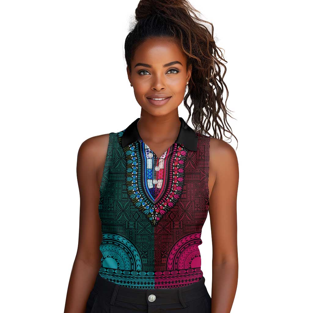 Teal-pink Dashiki and Tapa Pattern Women Sleeveless Polo Shirt Africa-Polynesia Together Culture