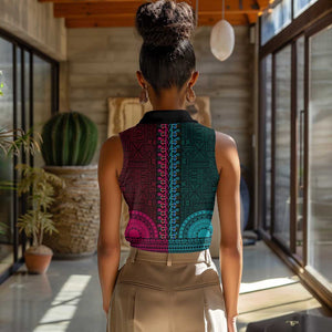 Teal-pink Dashiki and Tapa Pattern Women Sleeveless Polo Shirt Africa-Polynesia Together Culture