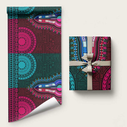 Teal-pink Dashiki and Tapa Pattern Wrapping Paper Africa and Polynesia Together Culture - African Pride