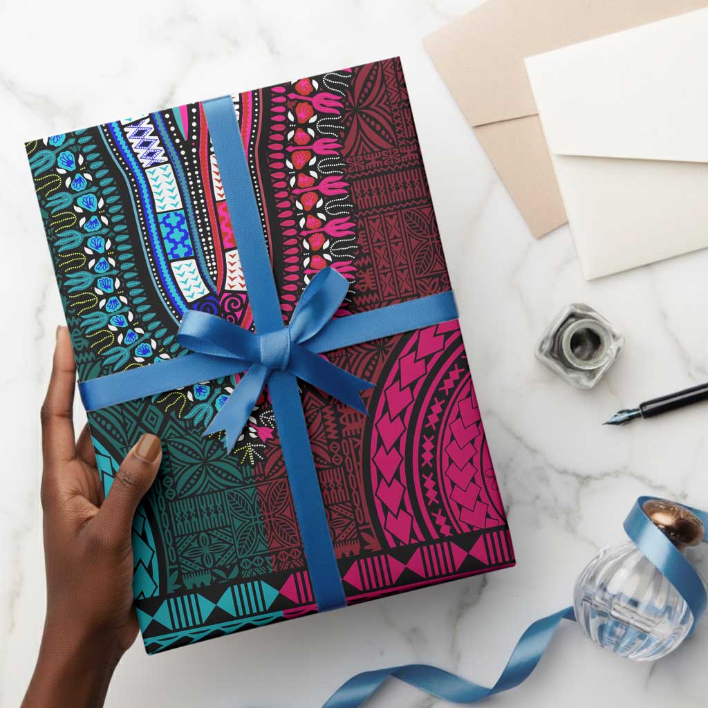 Teal-pink Dashiki and Tapa Pattern Wrapping Paper Africa and Polynesia Together Culture - African Pride