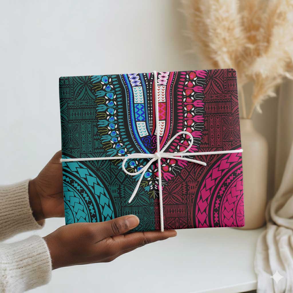 Teal-pink Dashiki and Tapa Pattern Wrapping Paper Africa and Polynesia Together Culture - African Pride