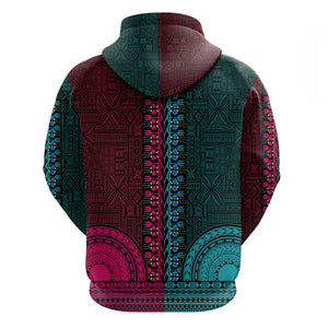 Teal-pink Dashiki and Tapa Pattern Zip Hoodie Africa-Polynesia Together Culture