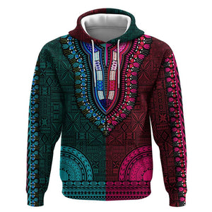 Teal-pink Dashiki and Tapa Pattern Zip Hoodie Africa-Polynesia Together Culture