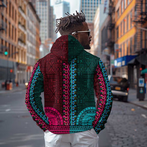 Teal-pink Dashiki and Tapa Pattern Zip Hoodie Africa-Polynesia Together Culture