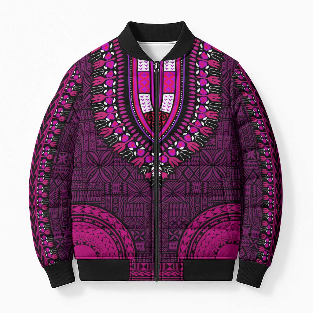 Pink Dashiki and Tapa Pattern Bomber Puffer Jacket Africa-Polynesia Together Culture