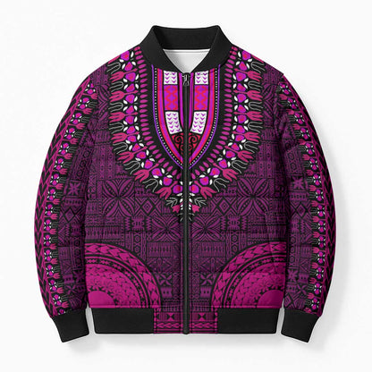 Pink Dashiki and Tapa Pattern Bomber Puffer Jacket Africa-Polynesia Together Culture
