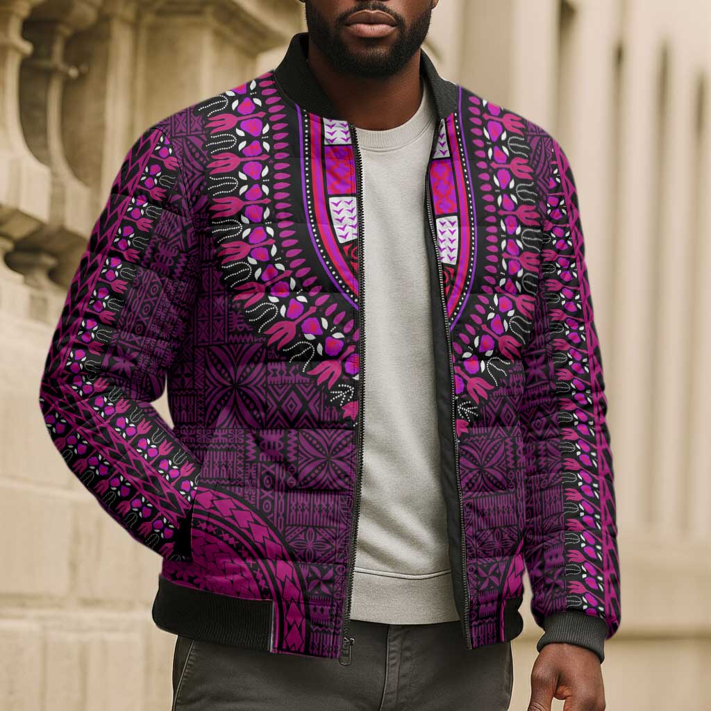 Pink Dashiki and Tapa Pattern Bomber Puffer Jacket Africa-Polynesia Together Culture