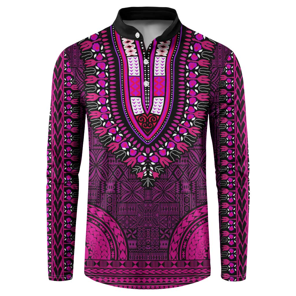 Pink Dashiki and Tapa Pattern Button Sweatshirt Africa-Polynesia Together Culture