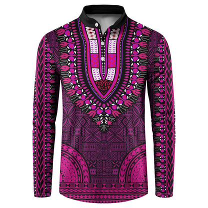 Pink Dashiki and Tapa Pattern Button Sweatshirt Africa-Polynesia Together Culture
