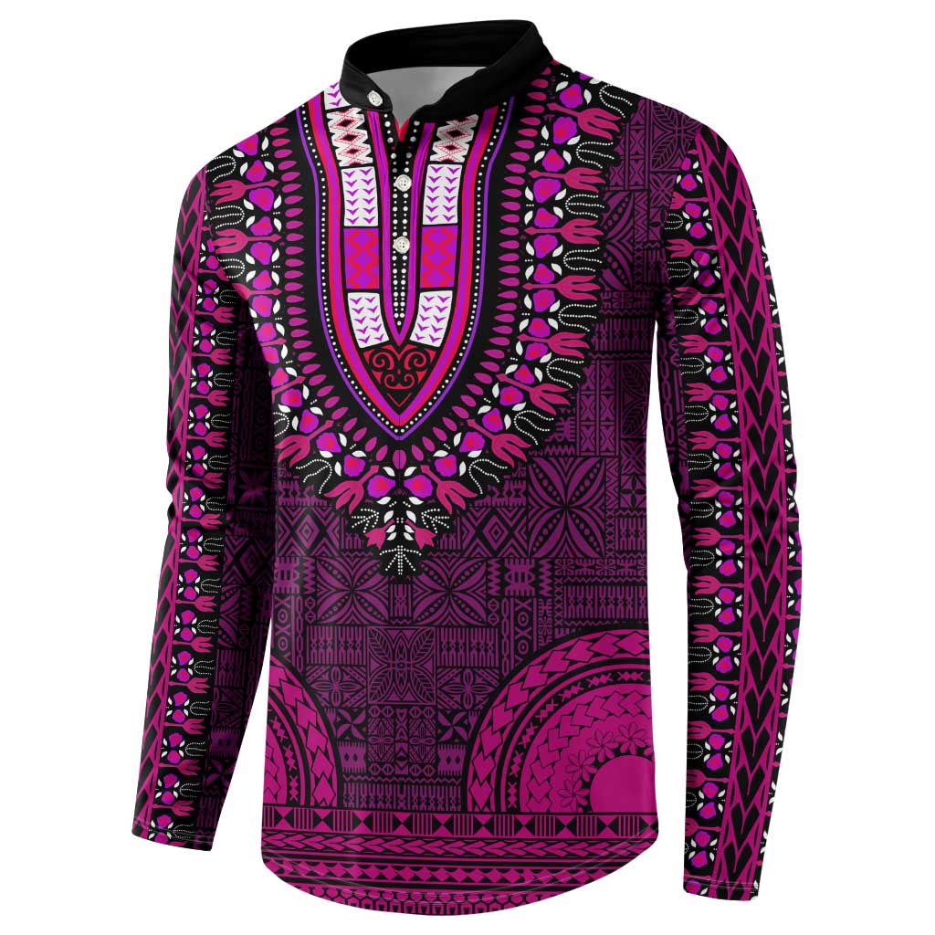 Pink Dashiki and Tapa Pattern Button Sweatshirt Africa-Polynesia Together Culture