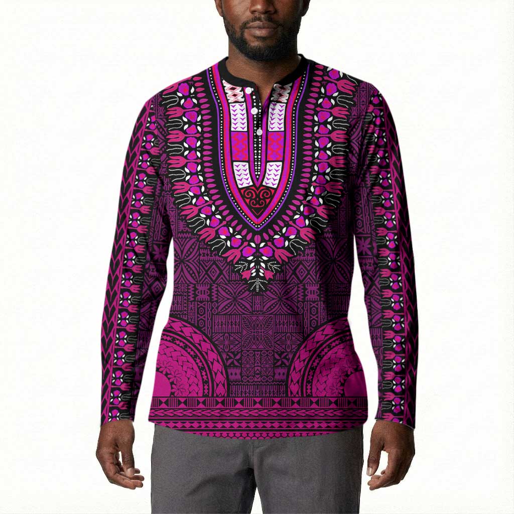 Pink Dashiki and Tapa Pattern Button Sweatshirt Africa-Polynesia Together Culture