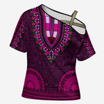 Pink Dashiki and Tapa Pattern Cross Shoulder Shirt Africa-Polynesia Together Culture