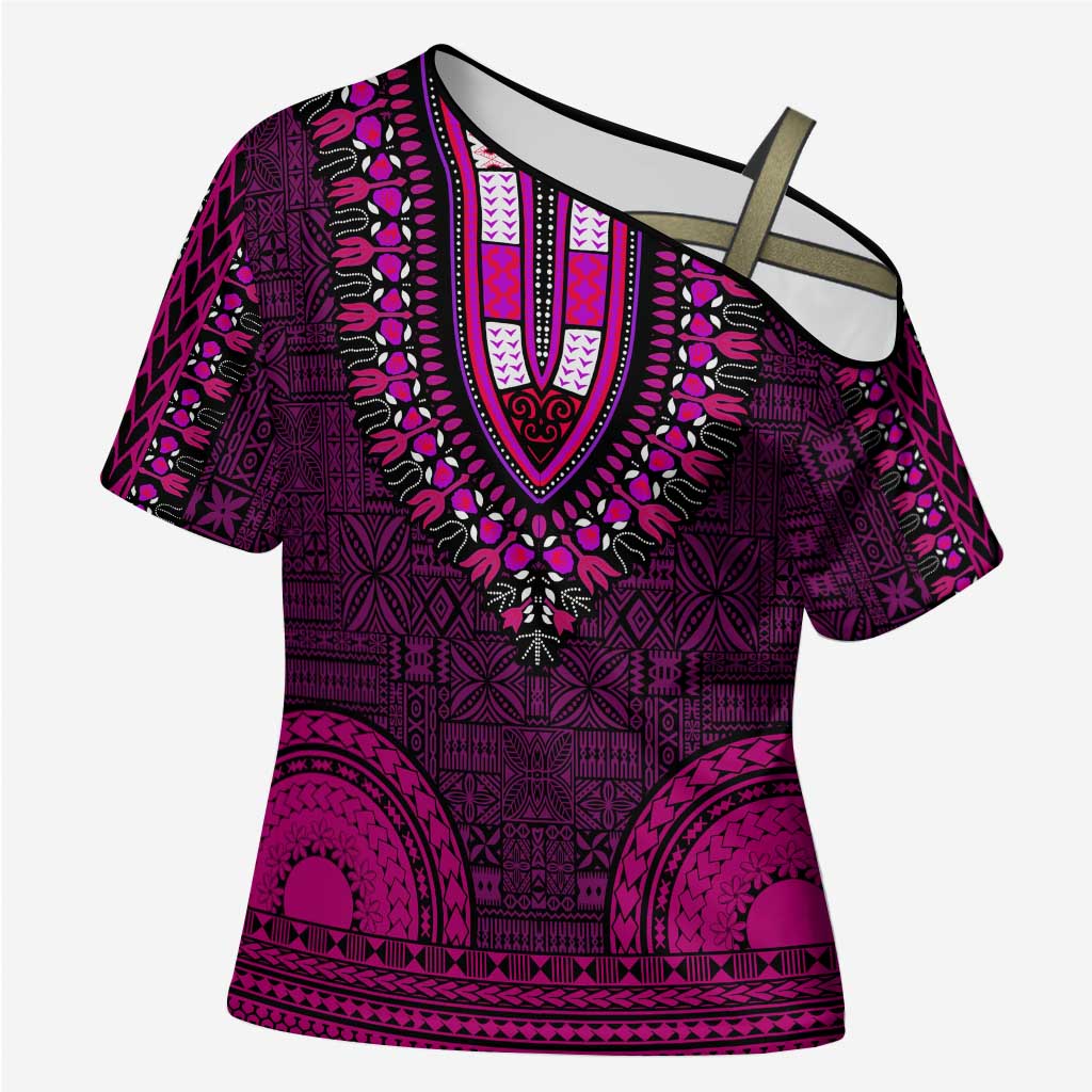 Pink Dashiki and Tapa Pattern Cross Shoulder Shirt Africa-Polynesia Together Culture