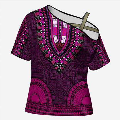 Pink Dashiki and Tapa Pattern Cross Shoulder Shirt Africa-Polynesia Together Culture