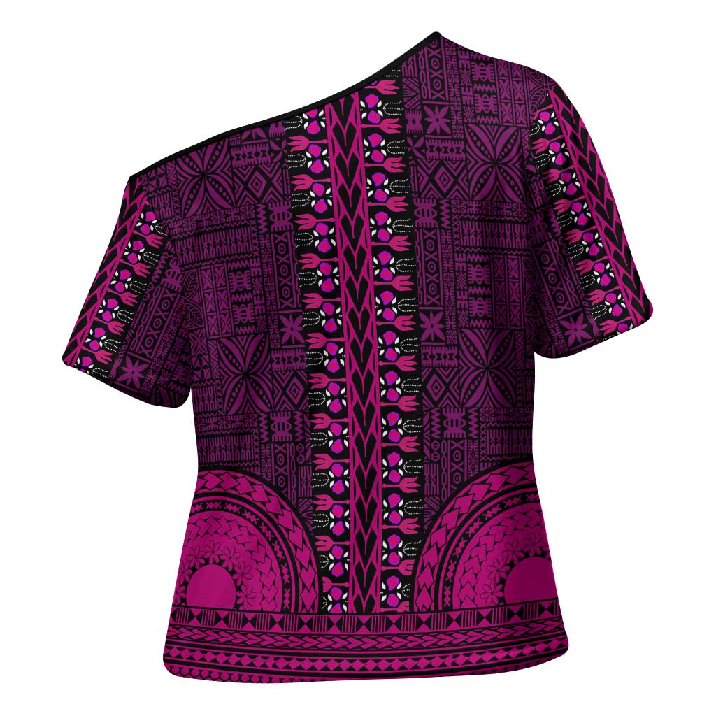 Pink Dashiki and Tapa Pattern Cross Shoulder Shirt Africa-Polynesia Together Culture