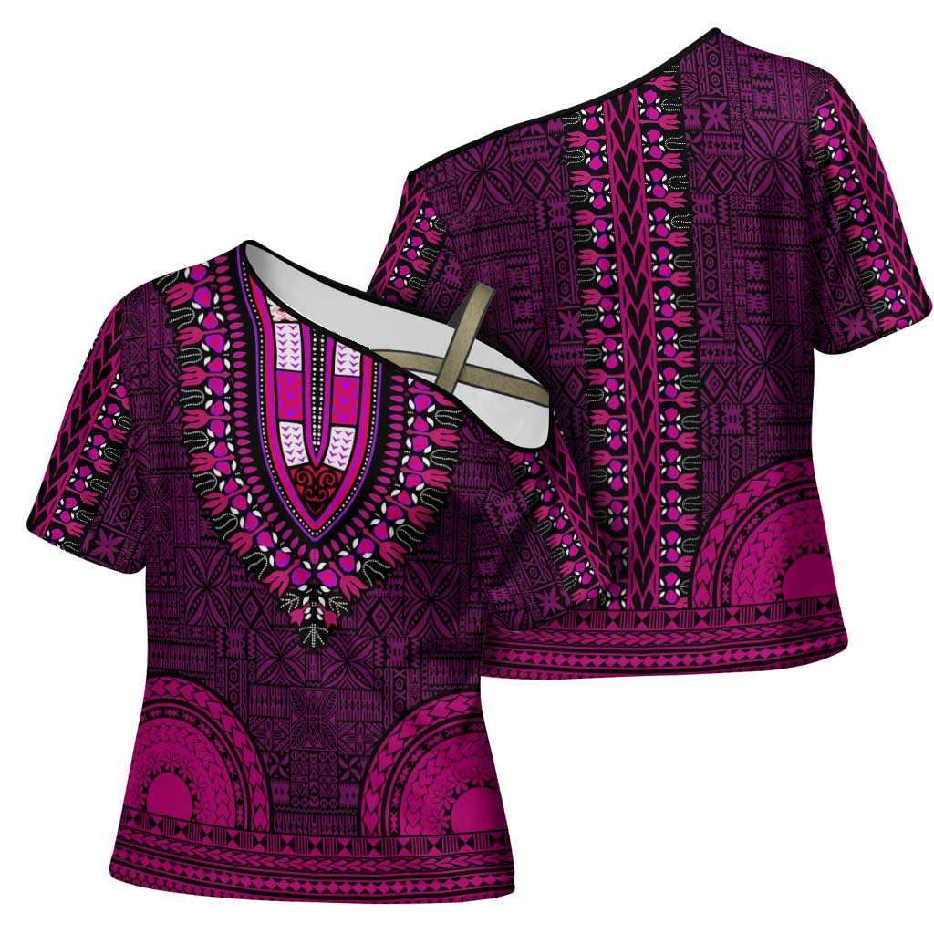 Pink Dashiki and Tapa Pattern Cross Shoulder Shirt Africa-Polynesia Together Culture