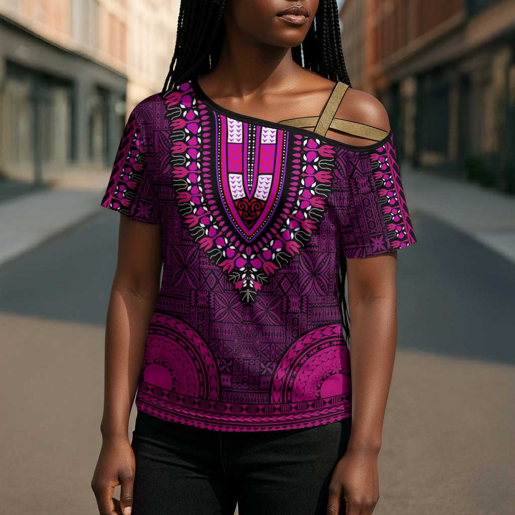 Pink Dashiki and Tapa Pattern Cross Shoulder Shirt Africa-Polynesia Together Culture