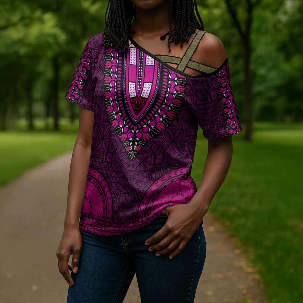 Pink Dashiki and Tapa Pattern Cross Shoulder Shirt Africa-Polynesia Together Culture