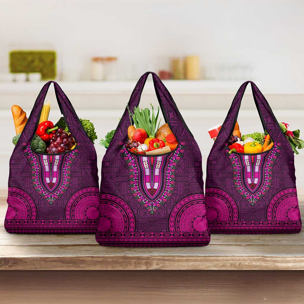 Pink Dashiki and Tapa Pattern Grocery Bag Africa-Polynesia Together Culture