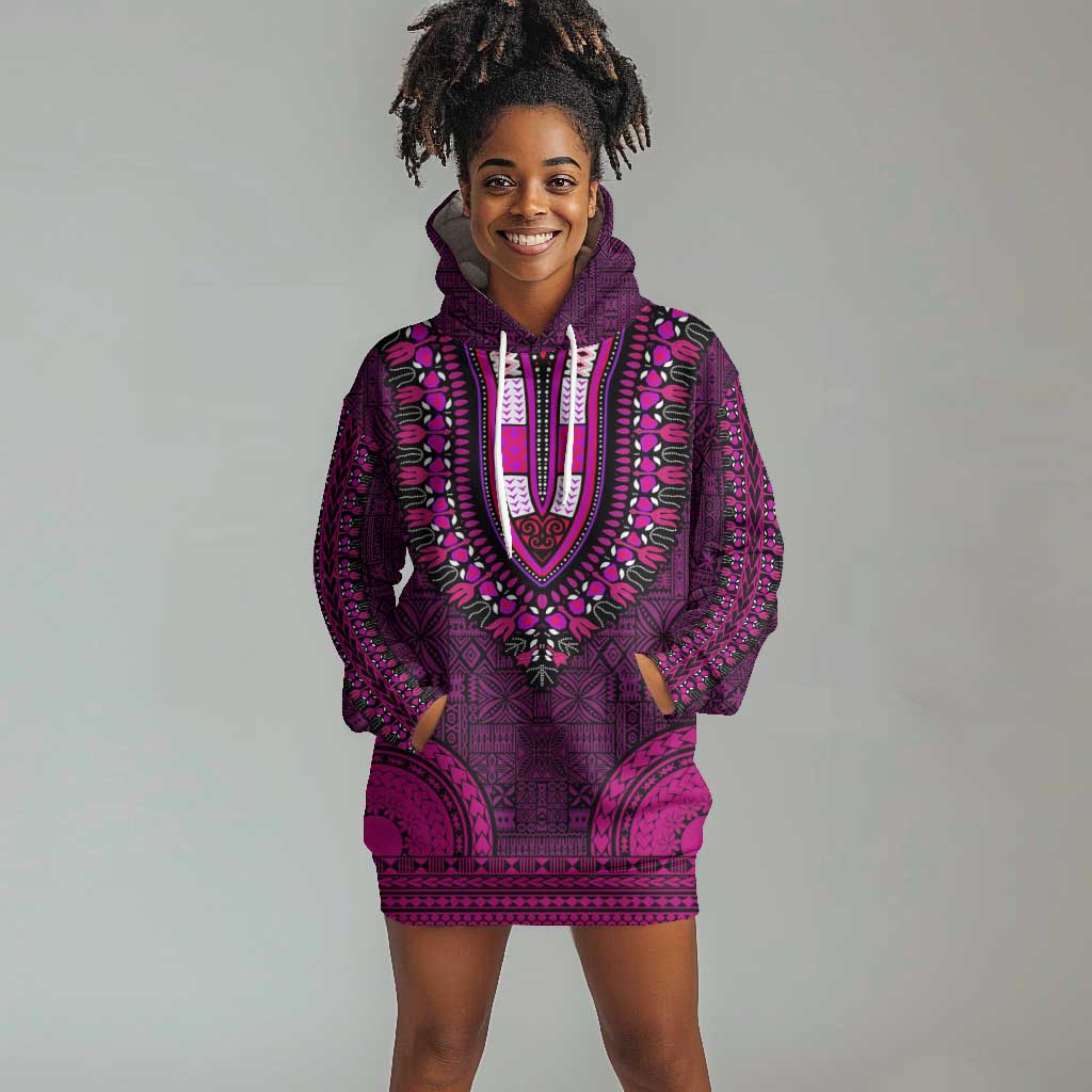 Pink Dashiki and Tapa Pattern Hoodie Dress Africa-Polynesia Together Culture