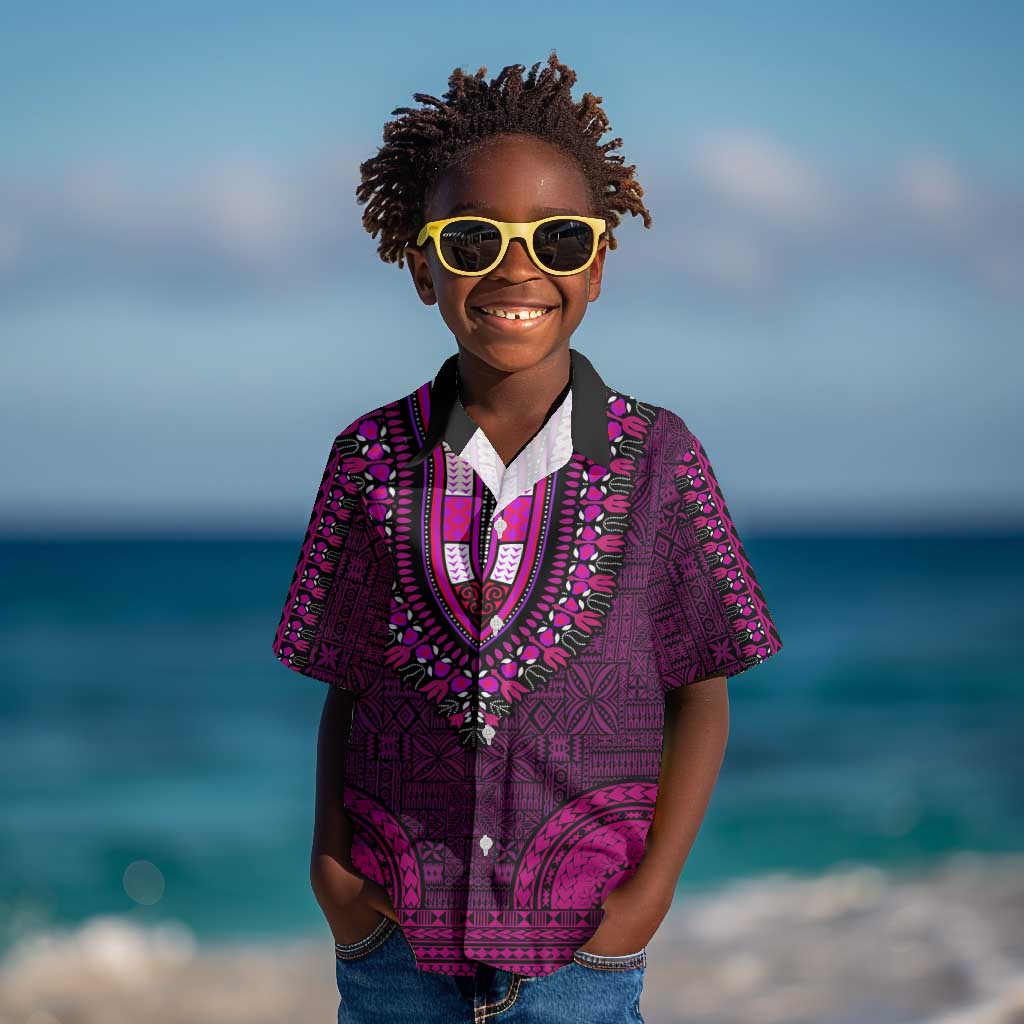 Pink Dashiki and Tapa Pattern Kid Hawaiian Shirt Africa-Polynesia Together Culture