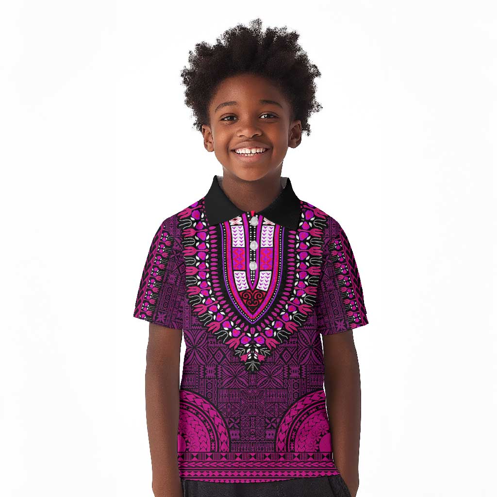 Pink Dashiki and Tapa Pattern Kid Polo Shirt Africa-Polynesia Together Culture