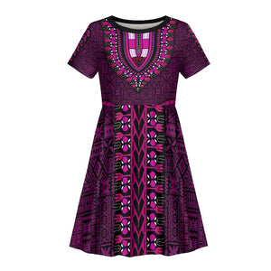 Pink Dashiki and Tapa Pattern Kid Short Sleeve Dress Africa-Polynesia Together Culture