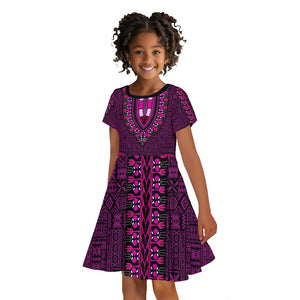 Pink Dashiki and Tapa Pattern Kid Short Sleeve Dress Africa-Polynesia Together Culture