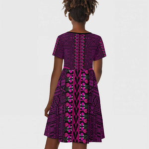 Pink Dashiki and Tapa Pattern Kid Short Sleeve Dress Africa-Polynesia Together Culture