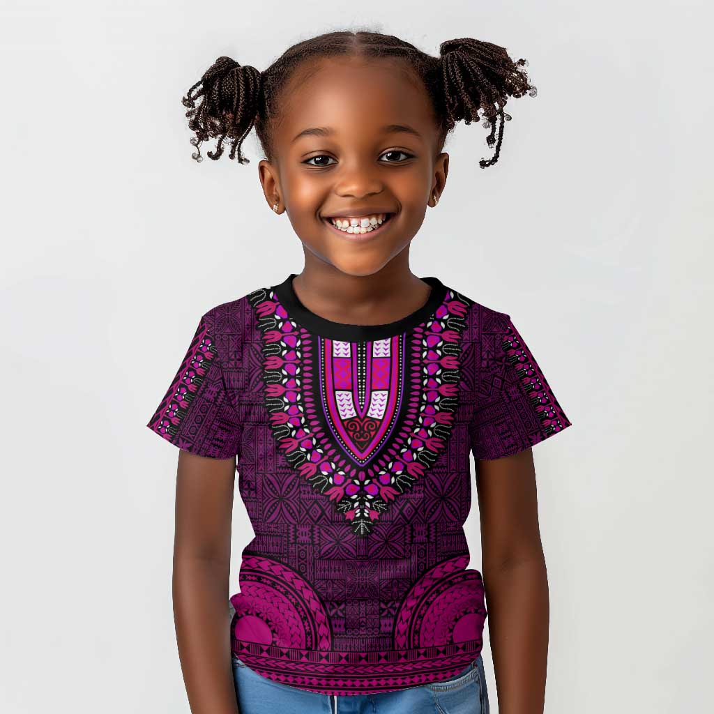 Pink Dashiki and Tapa Pattern Kid T shirt Africa-Polynesia Together Culture