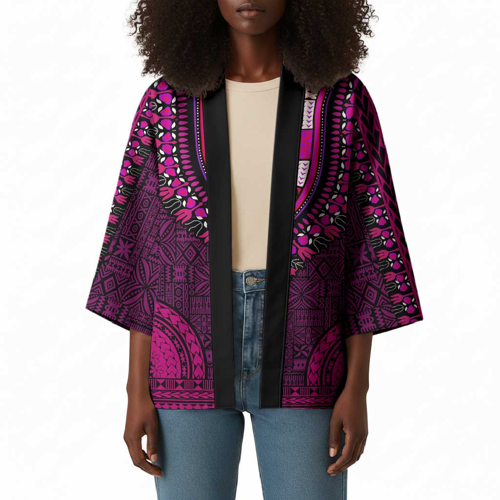 Pink Dashiki and Tapa Pattern Kimono Africa-Polynesia Together Culture