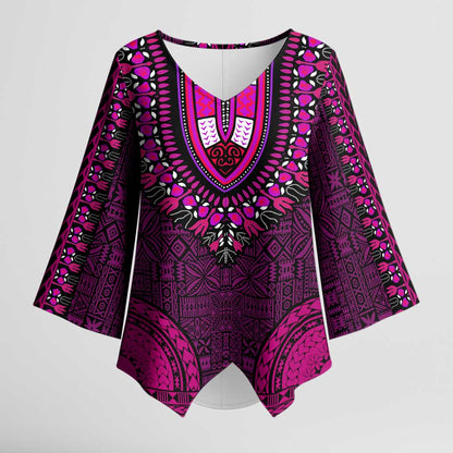 Pink Dashiki and Tapa Pattern Kimono Sleeve Blouse Africa-Polynesia Together Culture