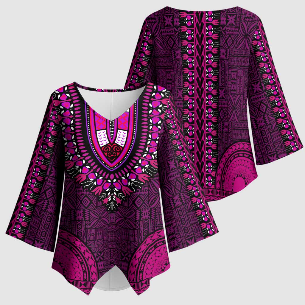 Pink Dashiki and Tapa Pattern Kimono Sleeve Blouse Africa-Polynesia Together Culture