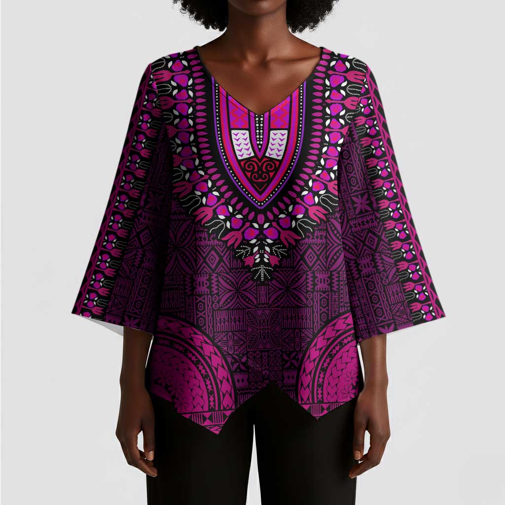 Pink Dashiki and Tapa Pattern Kimono Sleeve Blouse Africa-Polynesia Together Culture