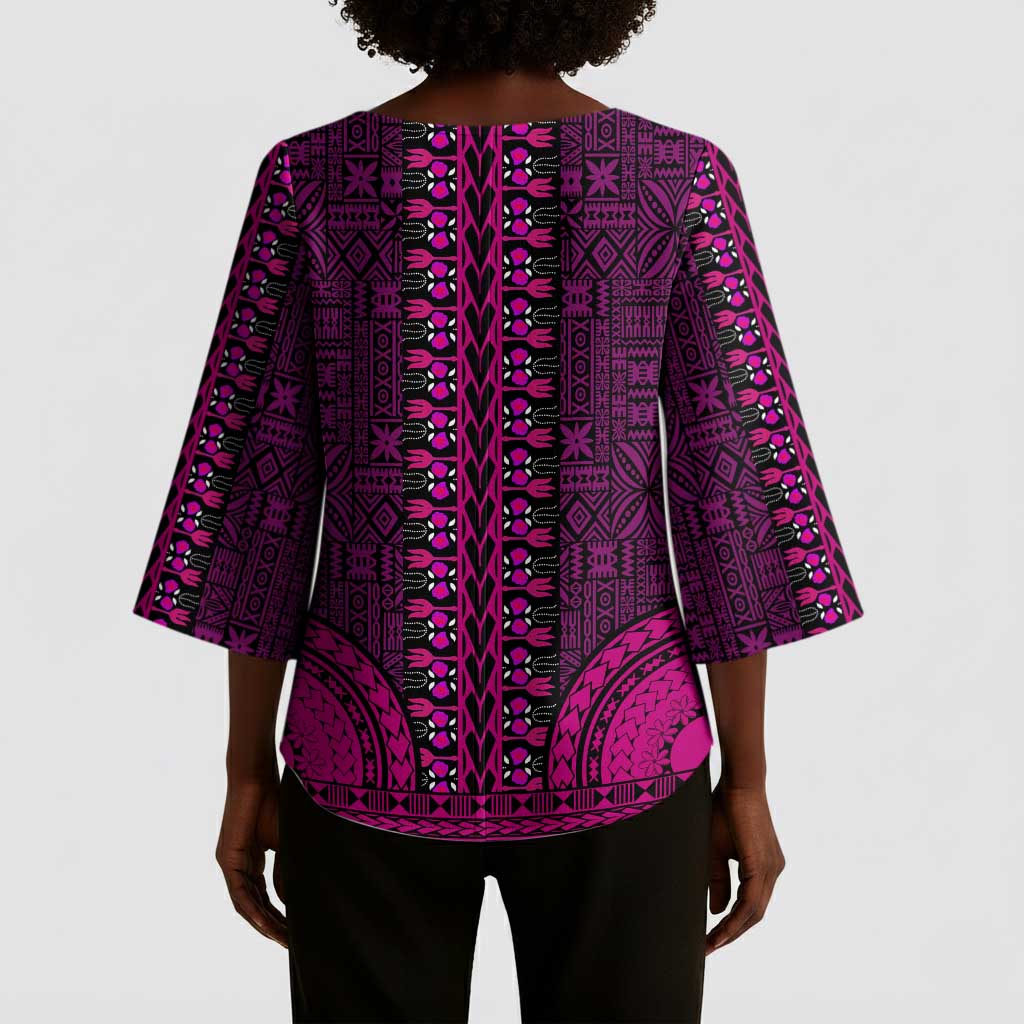 Pink Dashiki and Tapa Pattern Kimono Sleeve Blouse Africa-Polynesia Together Culture