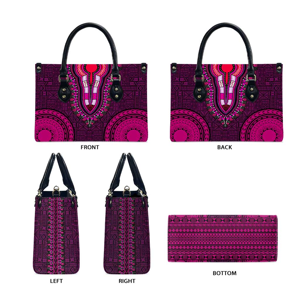 Pink Dashiki and Tapa Pattern Leather Bag Africa-Polynesia Together Culture